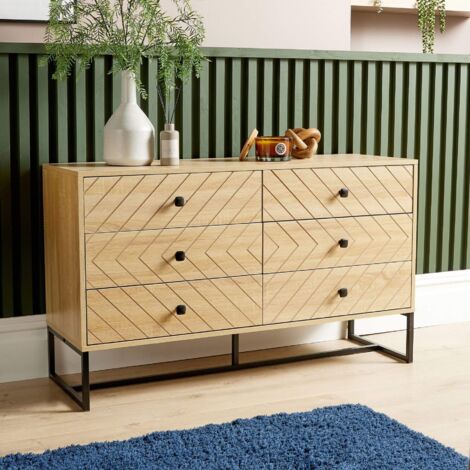 Chest 6 Drawers Aztec Design Oak Effect Metal Legs Bedroom Storage Furniture