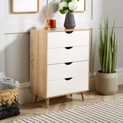 main image of "Chest of 4 Drawers Oak and White Bedroom Storage Solid Wood Legs Scandi Style"