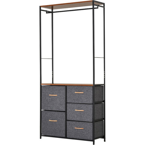 Chest of Drawers with Coat rack Steel Frame 5 Drawers  Bedroom Hallway Home Furniture Black Brown