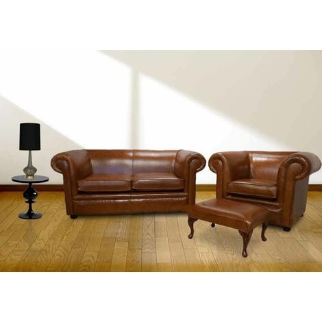 Chesterfield 1930 2 Seater + Club Chair + Footstool Settee Old English Bruciatto Leather Sofa Offer