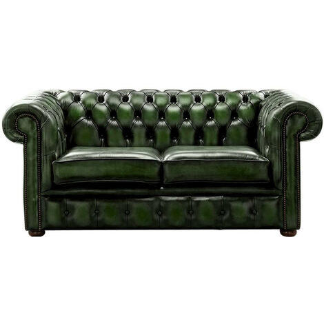 Chesterfield 2 Seater Antique Green Leather Sofa Settee