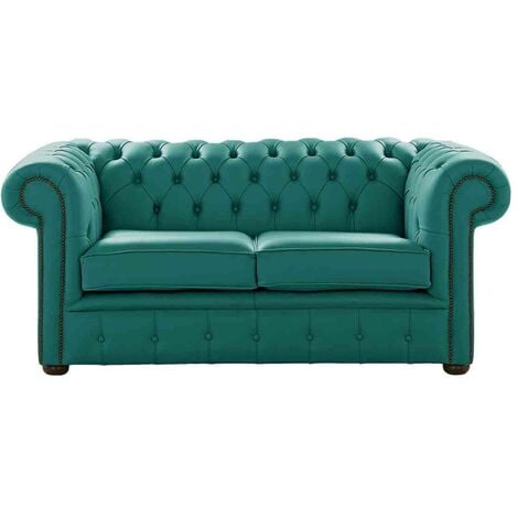 Chesterfield 2 Seater Dark Teal Leather Sofa Settee