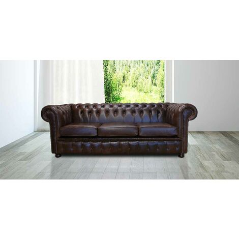 Chesterfield 3 Seater Settee Old English Dark Brown Leather Sofa Offer