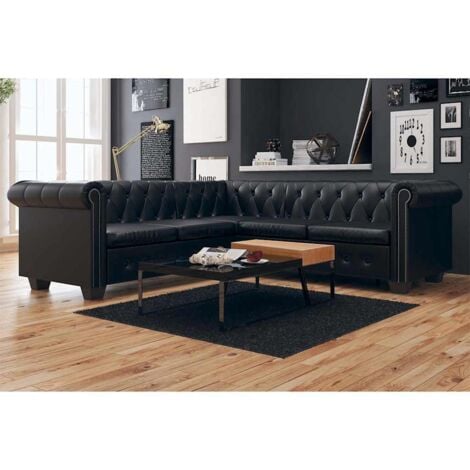 Chesterfield-Ecksofa 5-Sitzer Kunstleder Schwarz vidaXL