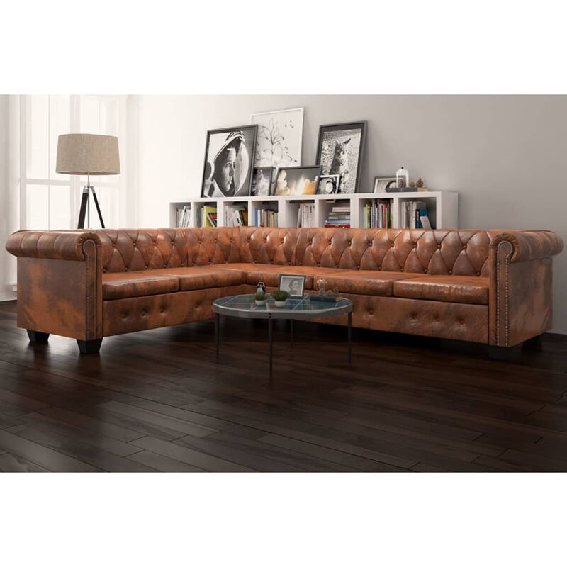 Abcrital - Chesterfield Ecksofa 6-Sitzer Kunstleder Braun