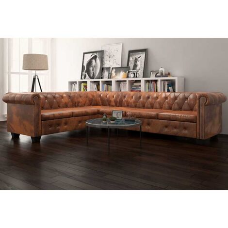 Chesterfield-Ecksofa 6-Sitzer Kunstleder Braun vidaXL