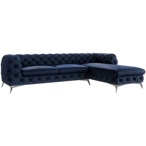 Chesterfield Ecksofa mit Ottomane River, Marineblau Samt