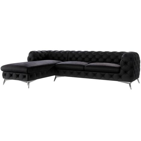 Chesterfield Ecksofa mit Ottomane River, Schwarz Samt