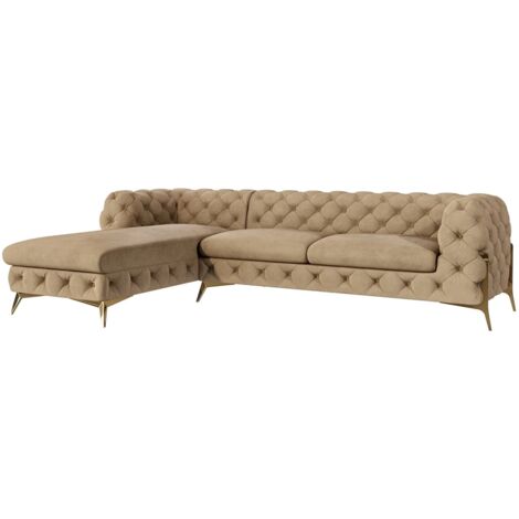 Chesterfield Ecksofa mit Ottomane Willow, Beige Samt