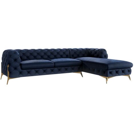 Chesterfield Ecksofa mit Ottomane Willow, Blau Samt