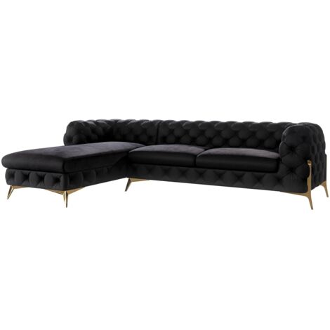 Chesterfield Ecksofa mit Ottomane Willow, Schwarz Samt