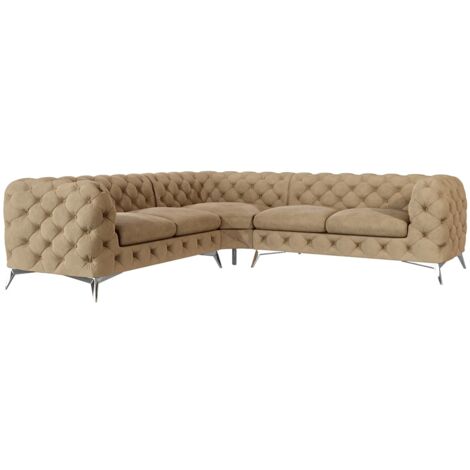 Chesterfield Ecksofa River mit Metall Füßen, Beige Samt