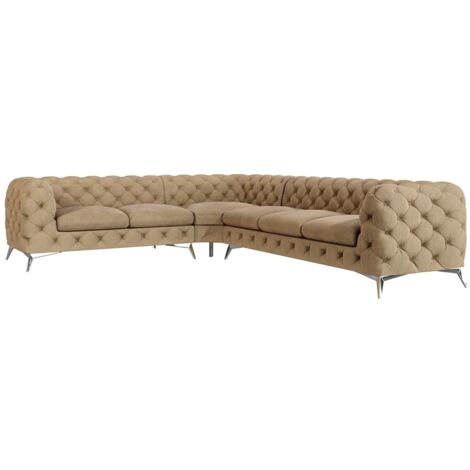 Chesterfield Ecksofa River mit Metall Füßen, Beige Samt