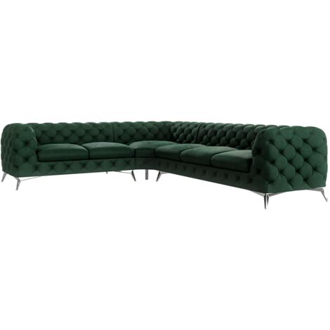 Chesterfield Ecksofa River mit Metall Füßen, Flasche Grün Samt