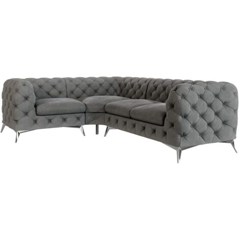 Chesterfield Ecksofa River mit Metall Füßen, Grau Samt