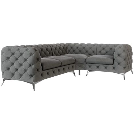 Chesterfield Ecksofa River mit Metall Füßen, Grau Samt