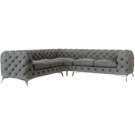 Chesterfield Ecksofa River mit Metall Füßen, Grau Samt
