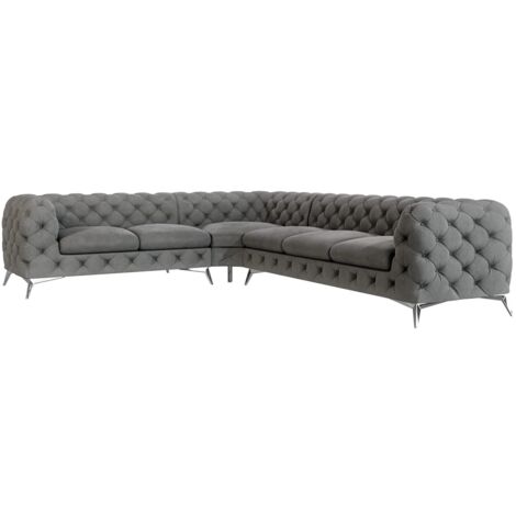 Chesterfield Ecksofa River mit Metall Füßen, Grau Samt