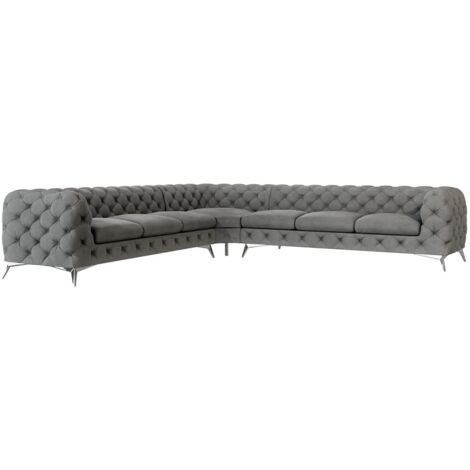 Chesterfield Ecksofa River mit Metall Füßen, Grau Samt