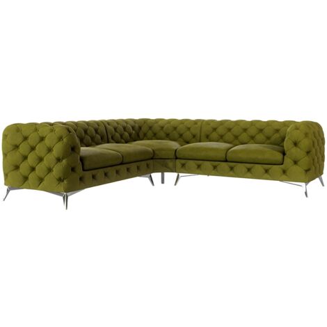 Chesterfield Ecksofa River mit Metall Füßen, Olive Samt