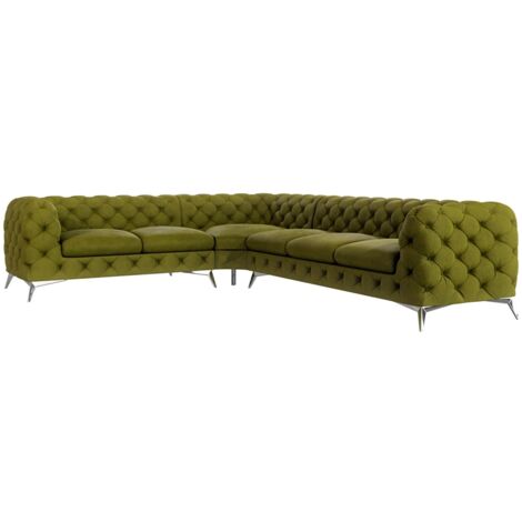 Chesterfield Ecksofa River mit Metall Füßen, Olive Samt