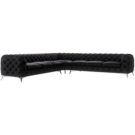 Chesterfield Ecksofa River mit Metall Füßen, Schwarz Samt