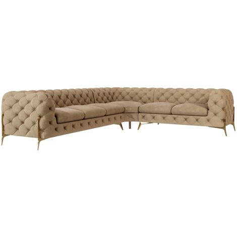 Chesterfield Ecksofa Willow mit Metall Füßen, Beige Samt