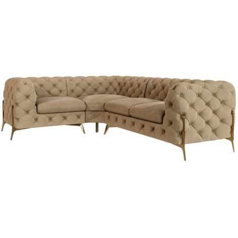 Chesterfield Ecksofa Willow mit Metall Füßen, Beige Samt