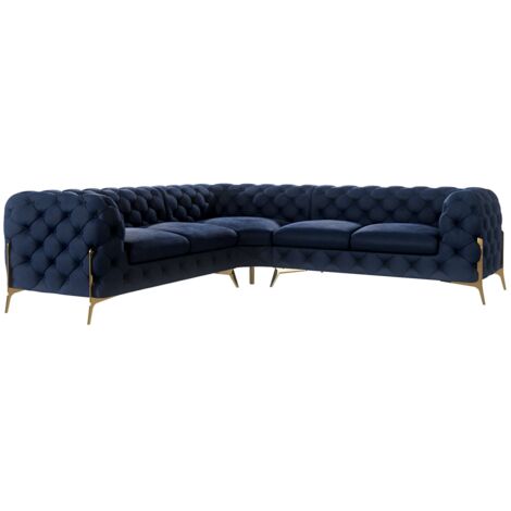 Chesterfield Ecksofa Willow mit Metall Füßen, Blau Samt