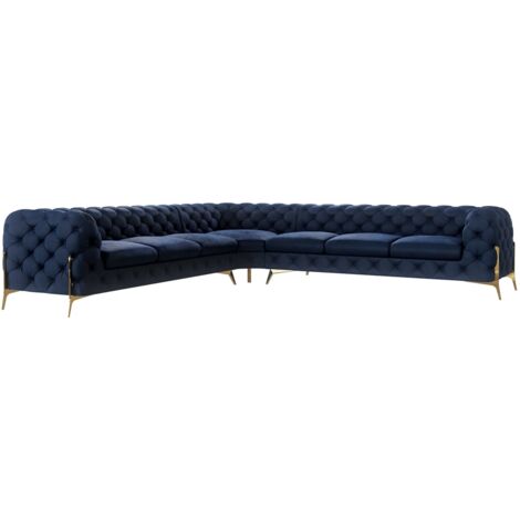 Chesterfield Ecksofa Willow mit Metall Füßen, Blau Samt