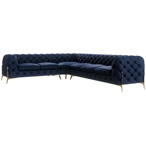 Chesterfield Ecksofa Willow mit Metall Füßen, Blau Samt