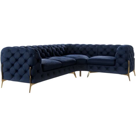 Chesterfield Ecksofa Willow mit Metall Füßen, Blau Samt
