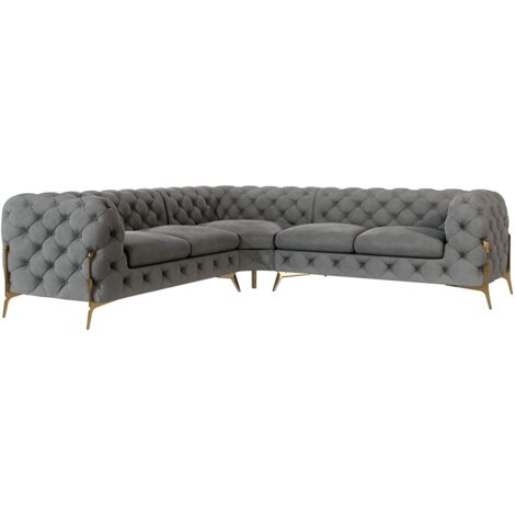 Chesterfield Ecksofa Willow mit Metall Füßen, Grau Samt