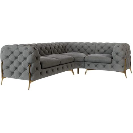 Chesterfield Ecksofa Willow mit Metall Füßen, Grau Samt