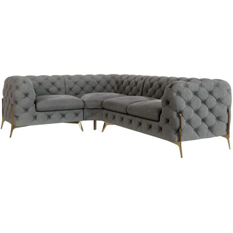 Chesterfield Ecksofa Willow mit Metall Füßen, Grau Samt
