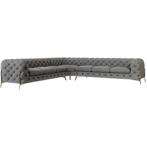 Chesterfield Ecksofa Willow mit Metall Füßen, Grau Samt