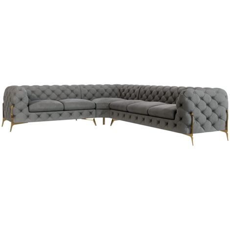 Chesterfield Ecksofa Willow mit Metall Füßen, Grau Samt