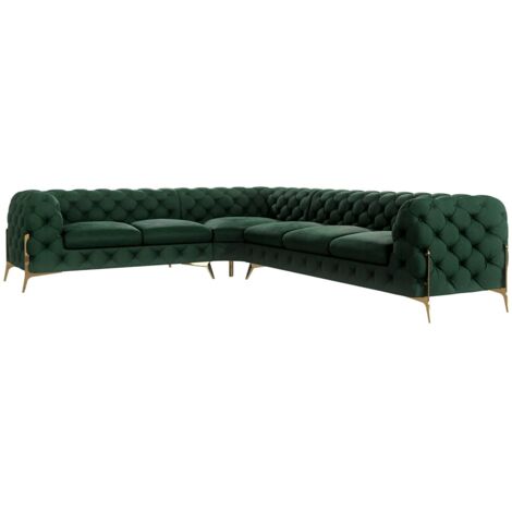 Chesterfield Ecksofa Willow mit Metall Füßen, Grün Samt