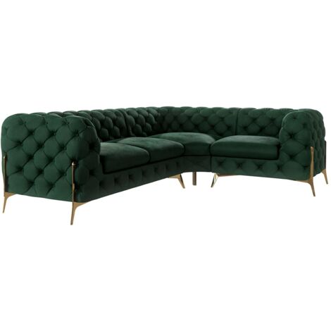 Chesterfield Ecksofa Willow mit Metall Füßen, Grün Samt