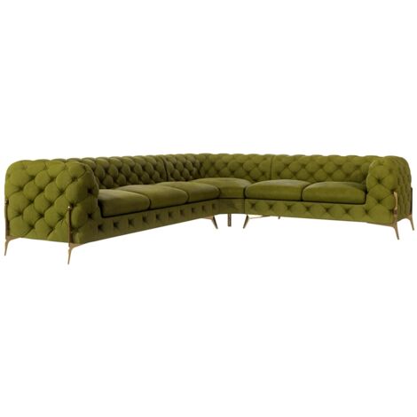 Chesterfield Ecksofa Willow mit Metall Füßen, Olive Samt