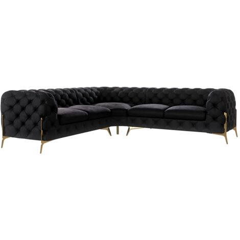 Chesterfield Ecksofa Willow mit Metall Füßen, Schwarz Samt