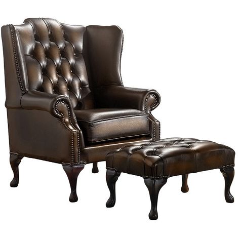 main image of "Chesterfield Handmade Mallory Flat Wing Back Armchair Antique Brown Leather + Footstool"