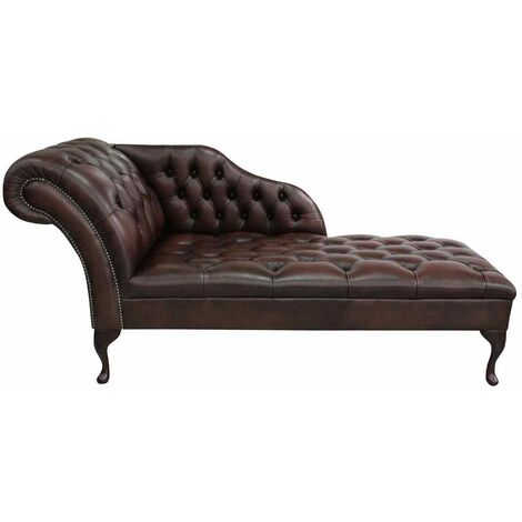 Chesterfield Leather Chaise Lounge Button Seat Day Bed Antique Brown