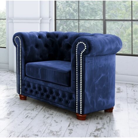 Chesterfield Lothar Sessel aus Blau Samt-Stoff mit Holzfüßen