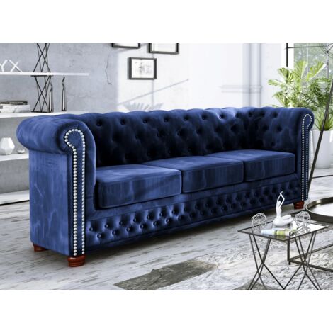 Chesterfield Lothar Sofa 3-Sitzer aus Blau Samt mit Holzfüßen