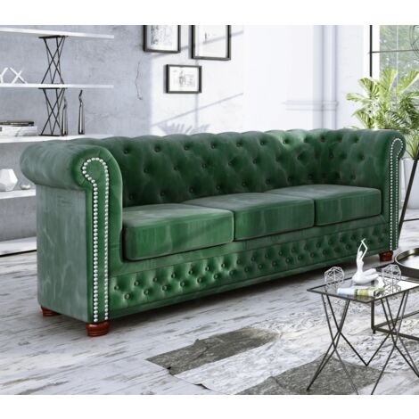 Chesterfield Lothar Sofa 3-Sitzer aus Grün Samt mit Holzfüßen