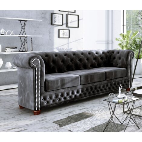 Chesterfield Lothar Sofa 3-Sitzer aus Schwarz Samt mit Holzfüßen