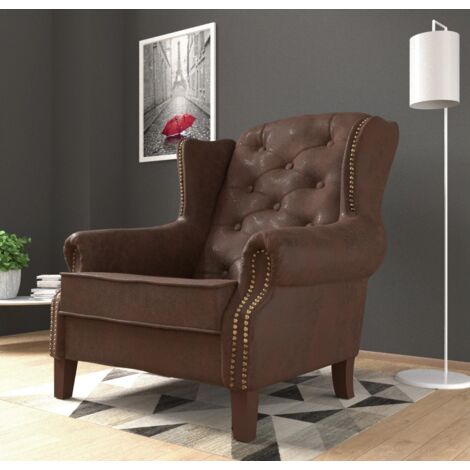Chesterfield Ohrensessel Jonas Braun Mikrofaser Vintageoptik