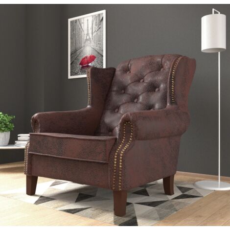 Chesterfield Ohrensessel Jonas Dunkelbraun Mikrofaser Vintageoptik
