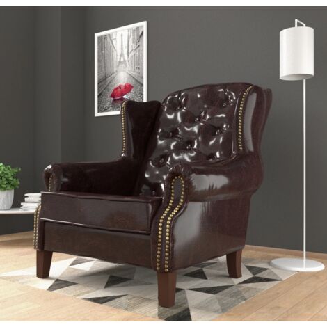 Chesterfield Ohrensessel Max aus Braun veganem Leder
